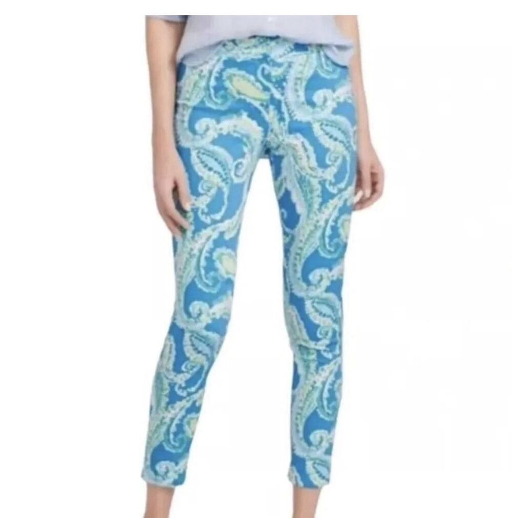 J. McLaughlin Portman Slim Fit Cropped Pants Blue Green Paisley Pattern Size 14